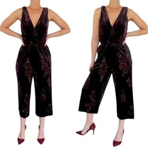 Love on a Hanger black maroon velvet floral surplice crop jumpsuit small
